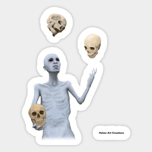 Skeletal Creature Juggling Skulls Realistic Art Sticker
